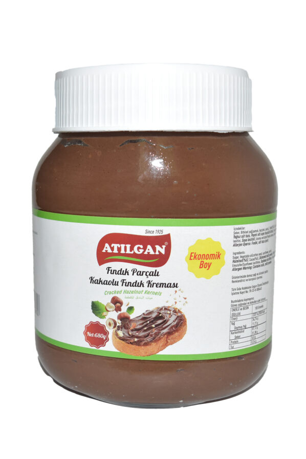 ATILGAN 680 GR NET CAM KAVANOZ FINDIK PARÇALI KAKAOLU FINDIK KREMASI